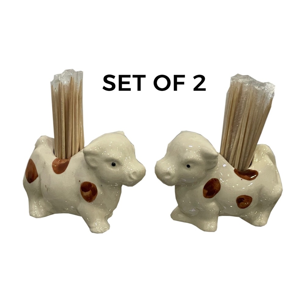 Cow Toothpick Holder Ceramic Vintage Set of 2 White Brown 3.25" Wide